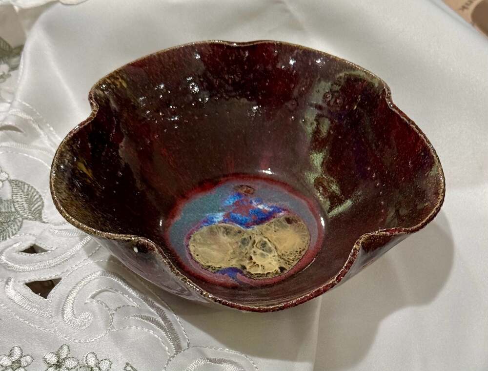 Artisan Handmade Ceramic Decorative Scalloped Bowl w/ Oxblood & Reactive Glaze